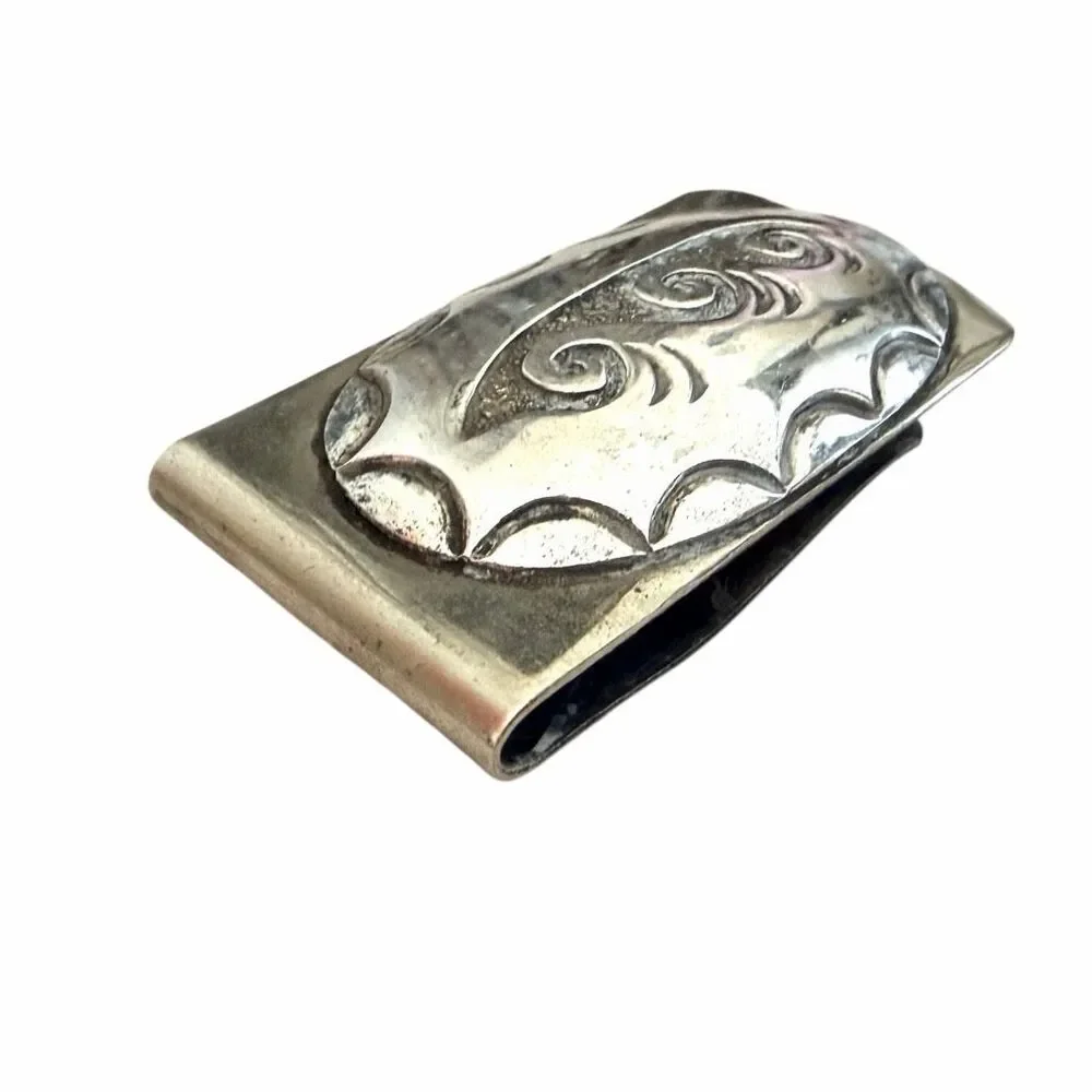 Vintage Sterling Silver Overlay Money Clip Hand Engraved Scroll Design